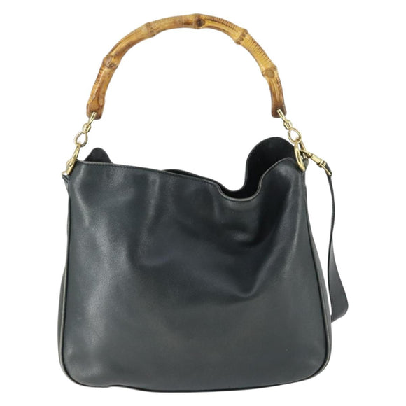 GUCCI Bamboo Hand Bag Leather 2way Black Gold 001 2113 1638 Auth 170415