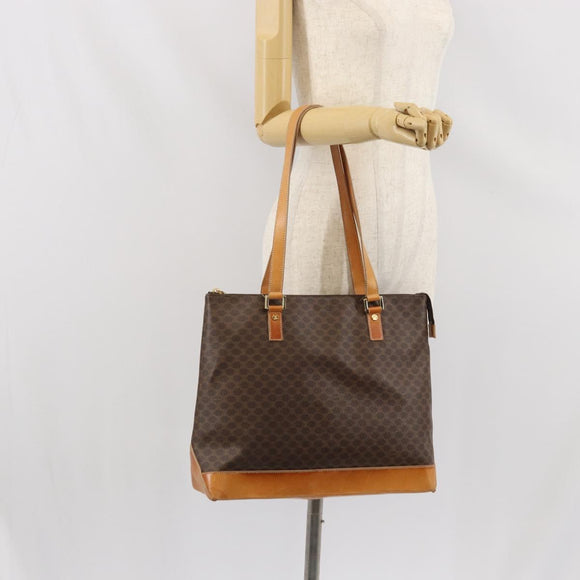 CELINE Macadam Canvas Tote Bag PVC Leather Brown Gold Auth 170454