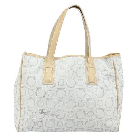 Salvatore Ferragamo Gancini Tote Bag PVC Leather Silver White Auth 170458