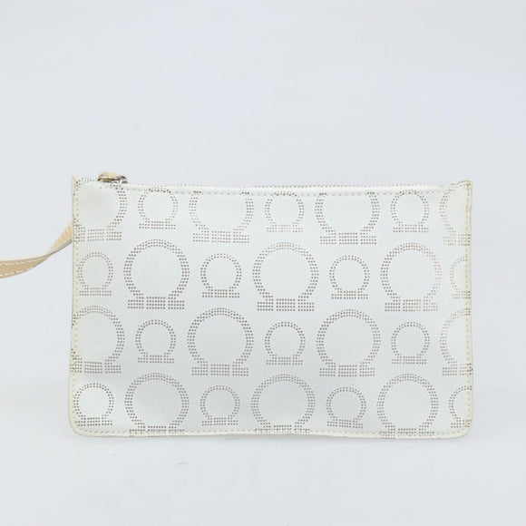 Salvatore Ferragamo Gancini Tote Bag PVC Leather Silver White Auth 170458