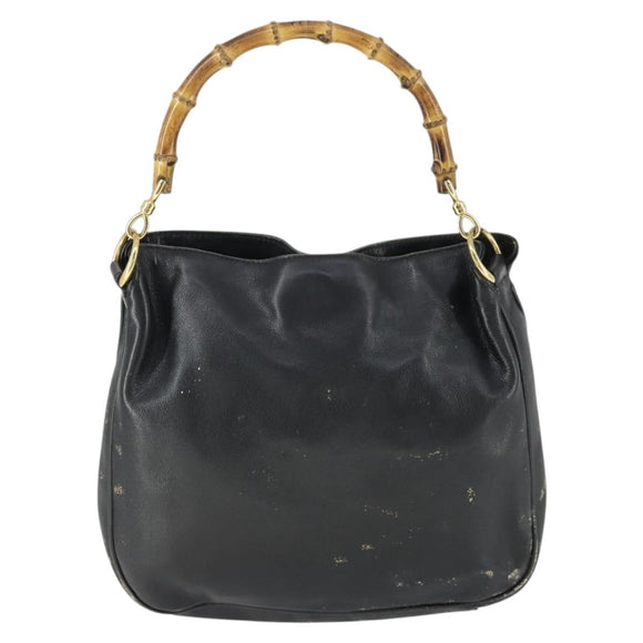 GUCCI Bamboo Hand Bag Leather Black Gold Auth 170494