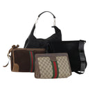 GUCCI GG Supreme Web Sherry Line Hand Bag Suede 4 Set Black Beige Auth 170524-1