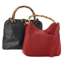 GUCCI Bamboo Hand Bag Leather Suede 2 Set Black Red Auth 170525-1