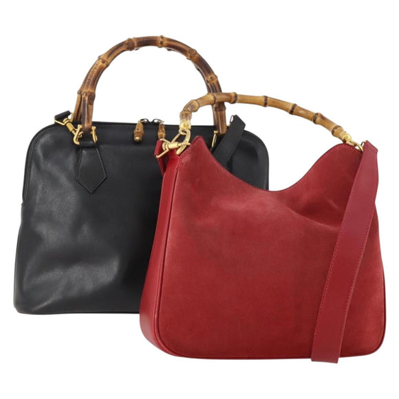 GUCCI Bamboo Hand Bag Leather Suede 2 Set Black Red Auth 170525