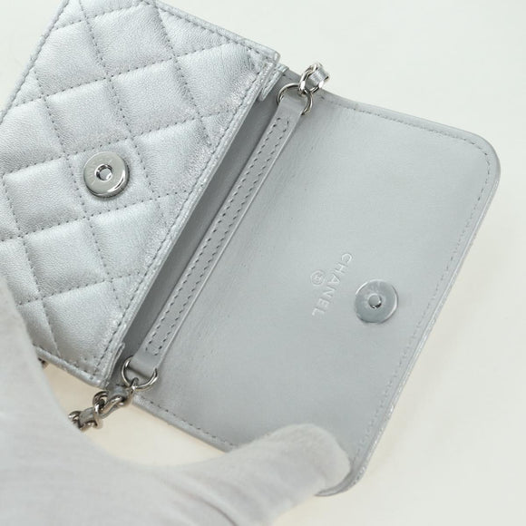 CHANEL Chain Shoulder Bag Leather Silver CC Auth 170531SAM