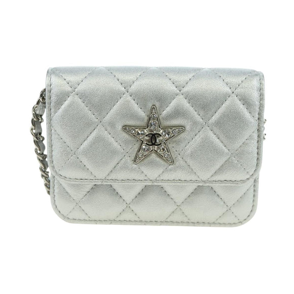 CHANEL Chain Shoulder Bag Leather Silver CC Auth 170531SAM