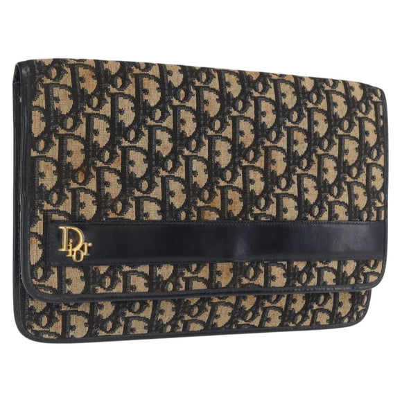 Christian Dior Trotter Canvas Clutch Bag Navy Gold Auth 170587