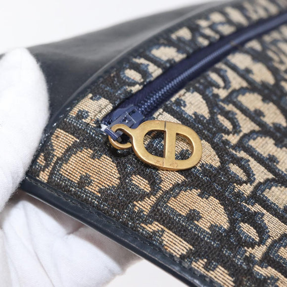 Christian Dior Trotter Canvas Clutch Bag Navy Gold Auth 170587