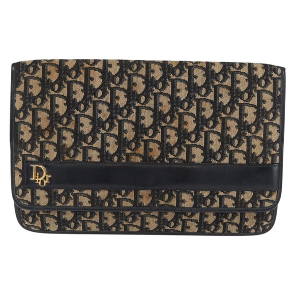 Christian Dior Trotter Canvas Clutch Bag Navy Gold Auth 170587