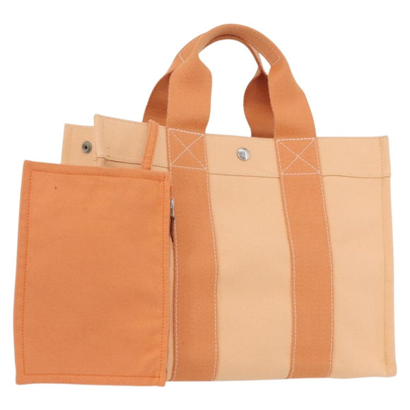 HERMES Coquillage PM Hand Bag Canvas Orange Silver Auth 170596