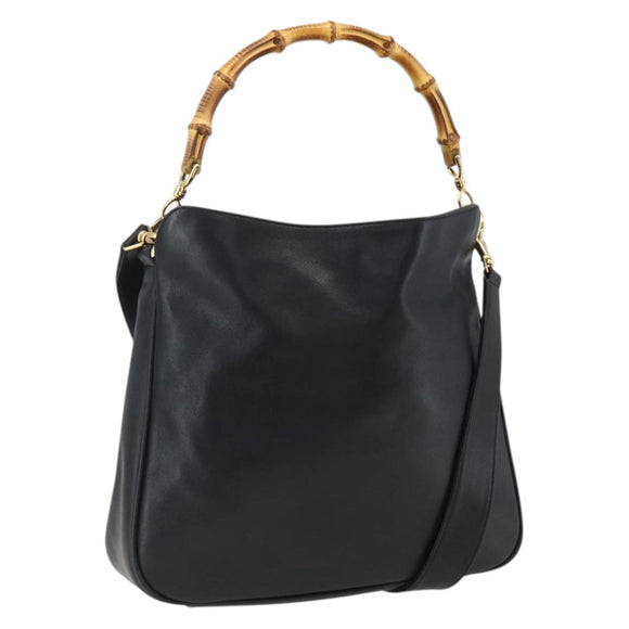 GUCCI Bamboo Hand Bag Leather 2way Black Gold 001 1638 Auth 170600