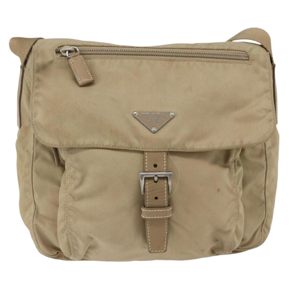 PRADA Shoulder Bag Nylon Beige Silver Auth 170605