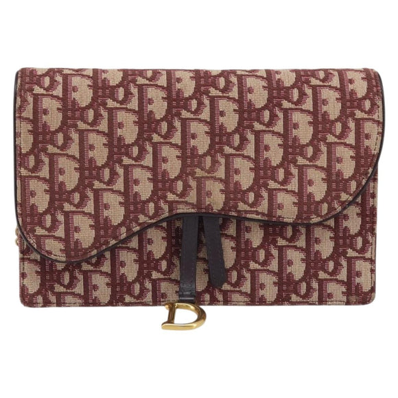 Christian Dior Trotter Canvas Saddle Chain Shoulder Bag Red Gold Auth 170648