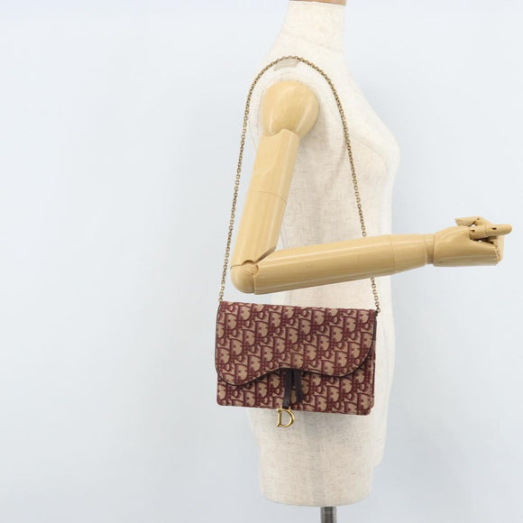 Christian Dior Trotter Canvas Saddle Chain Shoulder Bag Red Gold Auth 170648