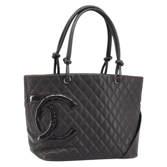 CHANEL Cambon Line Matelasse Tote Bag Leather Brown Silver CC Auth 170655