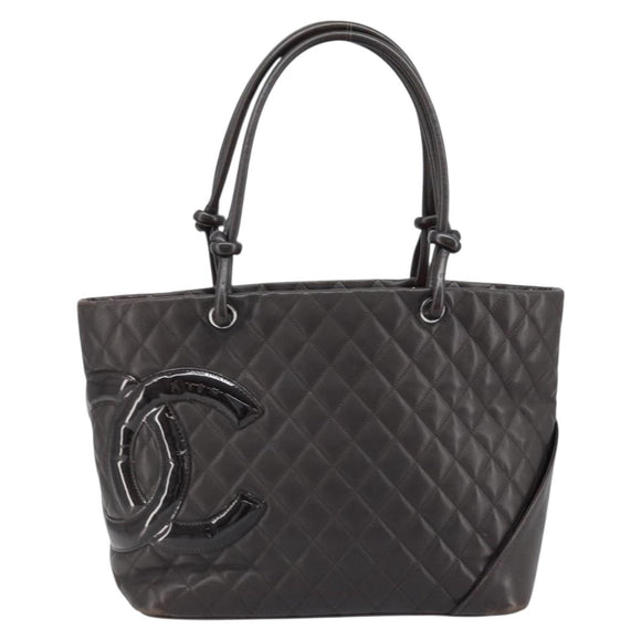 CHANEL Cambon Line Matelasse Tote Bag Leather Brown Silver CC Auth 170655