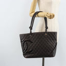 CHANEL Cambon Line Matelasse Tote Bag Leather Brown Silver CC Auth 170655-21