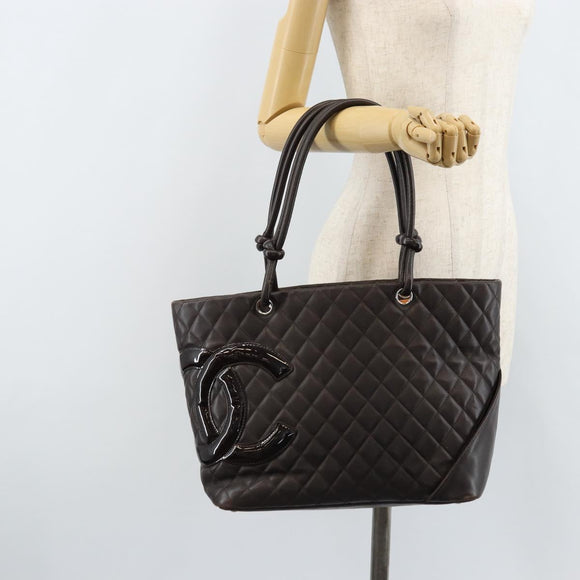 CHANEL Cambon Line Matelasse Tote Bag Leather Brown Silver CC Auth 170655
