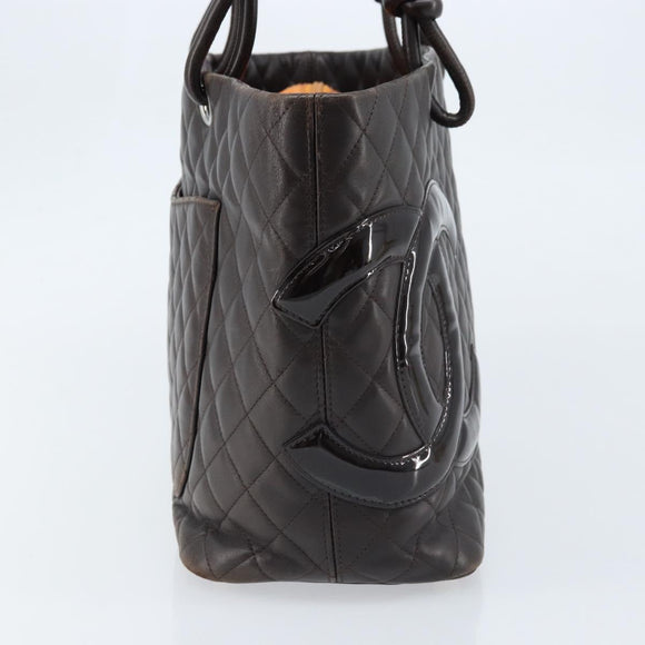CHANEL Cambon Line Matelasse Tote Bag Leather Brown Silver CC Auth 170655