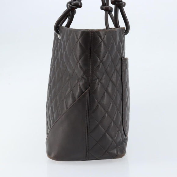 CHANEL Cambon Line Matelasse Tote Bag Leather Brown Silver CC Auth 170655