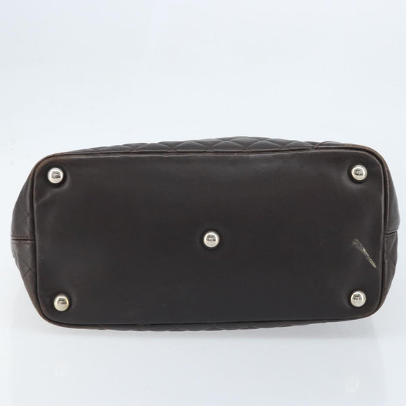 CHANEL Cambon Line Matelasse Tote Bag Leather Brown Silver CC Auth 170655