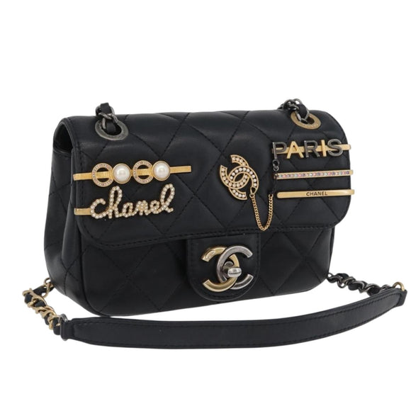 CHANEL Chain Mini Matelasse 18 Chain Bag Lamb Skin Black Gold CC Auth 170657SM