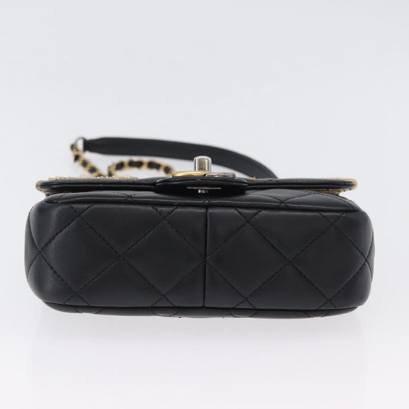 CHANEL Chain Mini Matelasse 18 Chain Bag Lamb Skin Black Gold CC Auth 170657SM