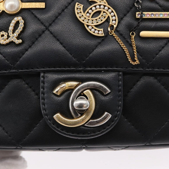 CHANEL Chain Mini Matelasse 18 Chain Bag Lamb Skin Black Gold CC Auth 170657SM