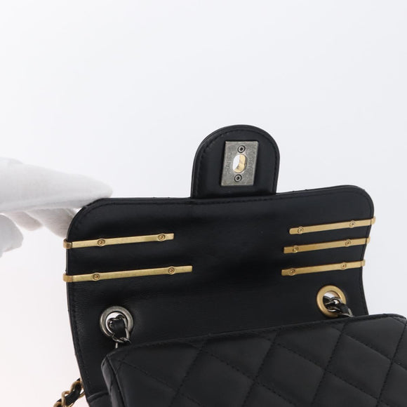CHANEL Chain Mini Matelasse 18 Chain Bag Lamb Skin Black Gold CC Auth 170657SM