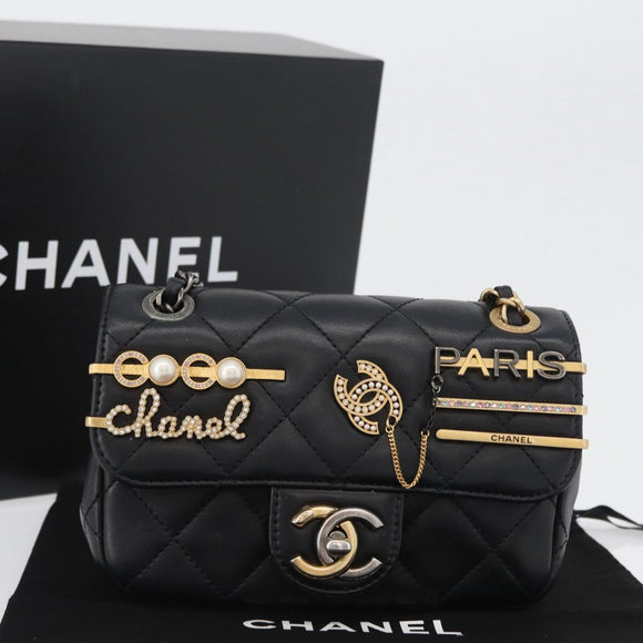CHANEL Chain Mini Matelasse 18 Chain Bag Lamb Skin Black Gold CC Auth 170657SM