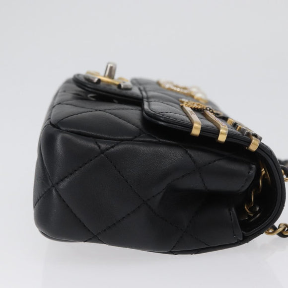 CHANEL Chain Mini Matelasse 18 Chain Bag Lamb Skin Black Gold CC Auth 170657SM