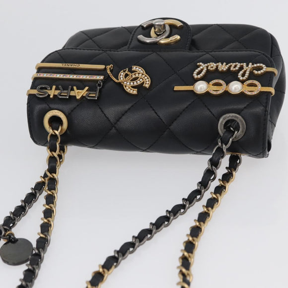 CHANEL Chain Mini Matelasse 18 Chain Bag Lamb Skin Black Gold CC Auth 170657SM