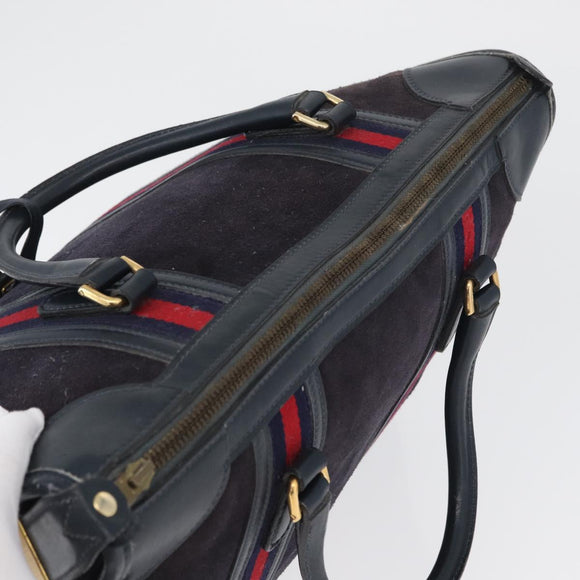 GUCCI Sherry Line Hand Bag Suede Leather Navy Gold Auth 170687