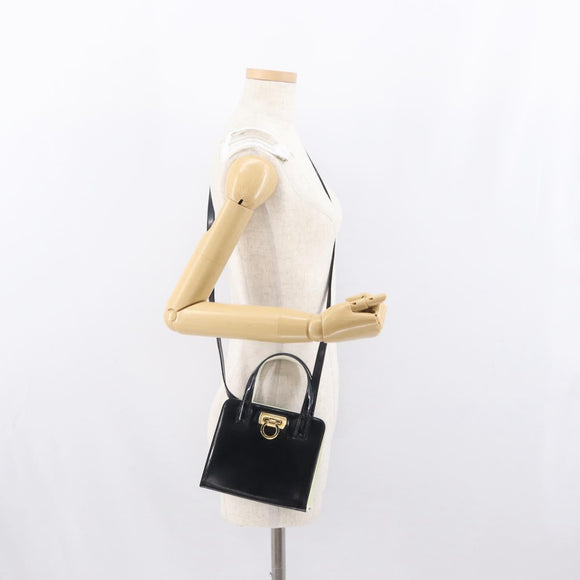 Salvatore Ferragamo Gancini Hand Bag Patent leather 2way Black Gold Auth 170695