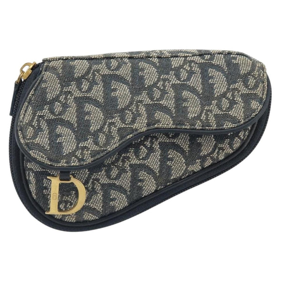 Christian Dior Trotter Canvas Saddle Pouch Navy Gold Auth 170701