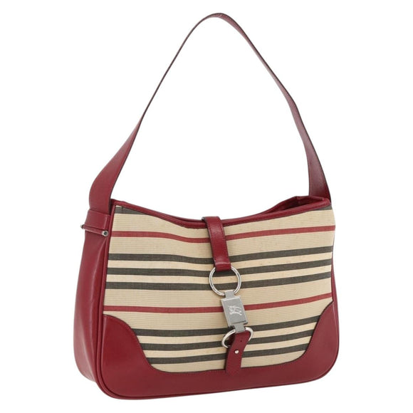BURBERRY Nova Check Blue Label Shoulder Bag Canvas Beige Silver Auth 170703