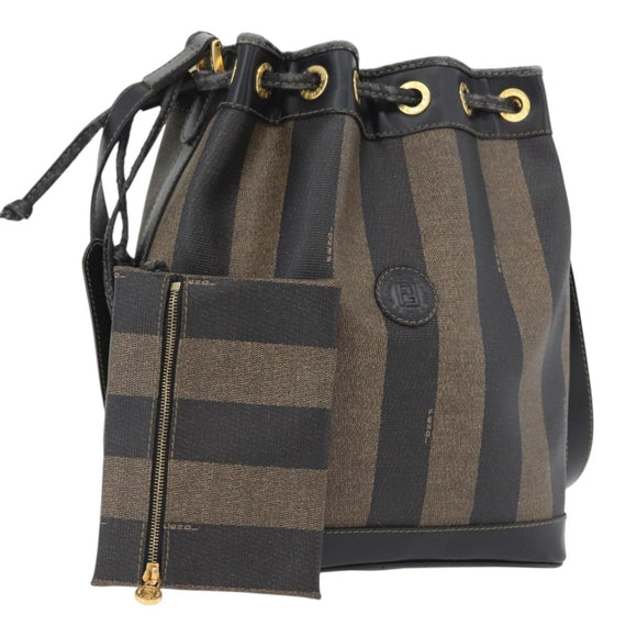 FENDI Pecan Canvas Shoulder Bag PVC Black Brown Auth 170718