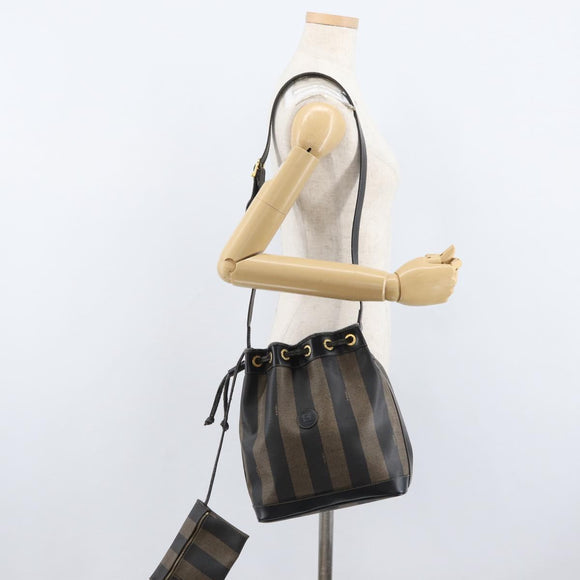 FENDI Pecan Canvas Shoulder Bag PVC Black Brown Auth 170718