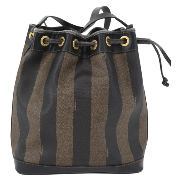FENDI Pecan Canvas Shoulder Bag PVC Black Brown Auth 170718