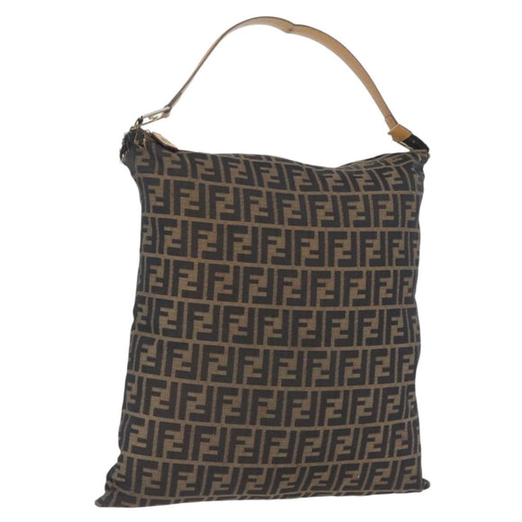 FENDI Zucca Canvas Shoulder Bag Black Brown Auth 170743