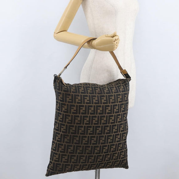 FENDI Zucca Canvas Shoulder Bag Black Brown Auth 170743