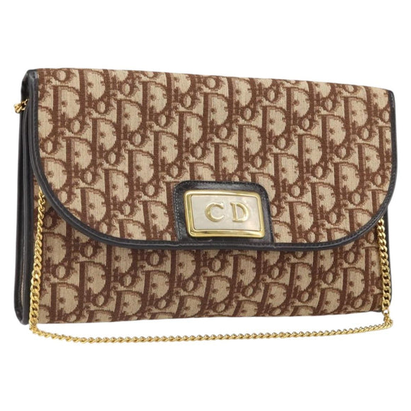 Christian Dior Trotter Canvas Chain Shoulder Bag Brown Gold Auth 170764
