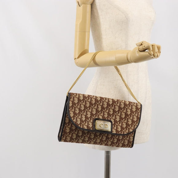 Christian Dior Trotter Canvas Chain Shoulder Bag Brown Gold Auth 170764