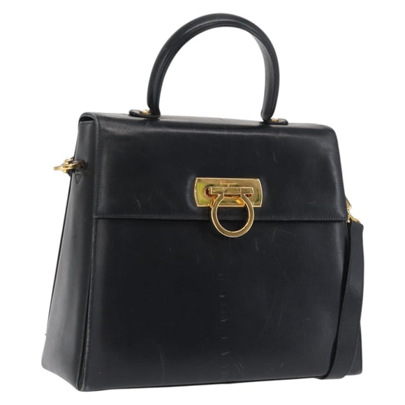 Salvatore Ferragamo Gancini Hand Bag Leather 2way Navy Gold Auth 170776
