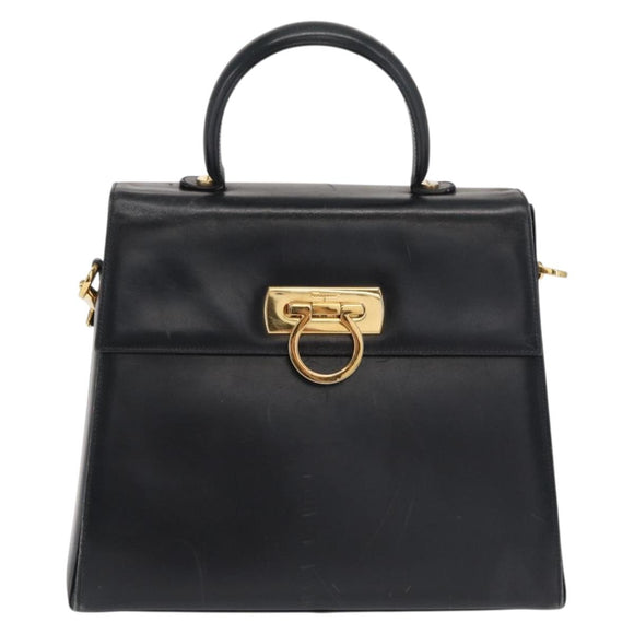 Salvatore Ferragamo Gancini Hand Bag Leather 2way Navy Gold Auth 170776
