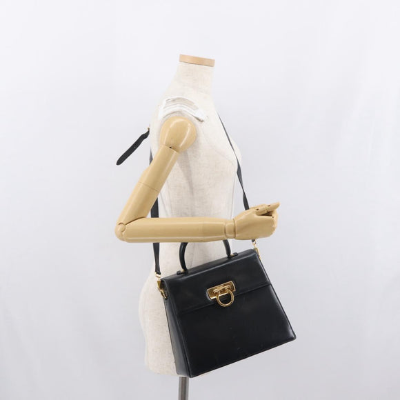 Salvatore Ferragamo Gancini Hand Bag Leather 2way Navy Gold Auth 170776