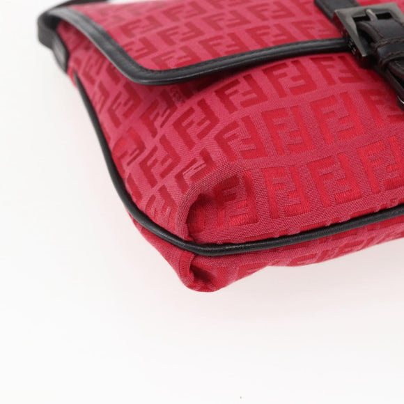 FENDI Zucchino Canvas Shoulder Bag Red Silver Auth 170824