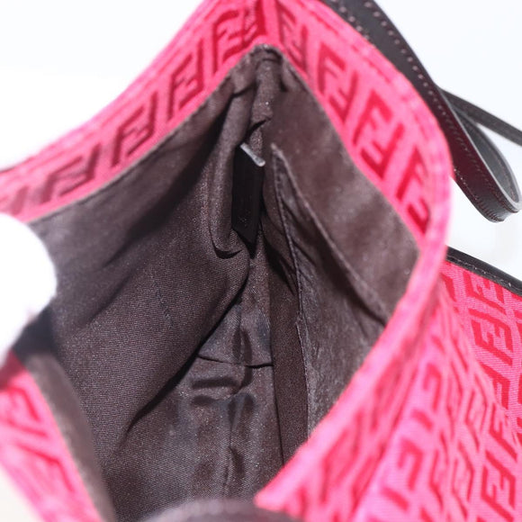 FENDI Zucchino Canvas Shoulder Bag Red Silver Auth 170824