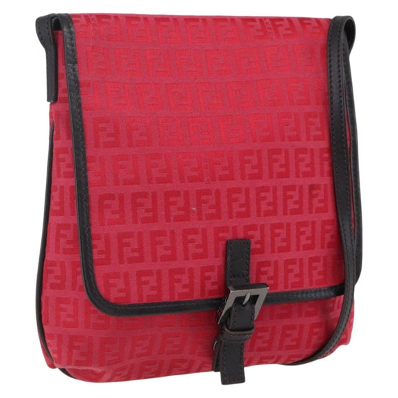 FENDI Zucchino Canvas Shoulder Bag Red Silver Auth 170824