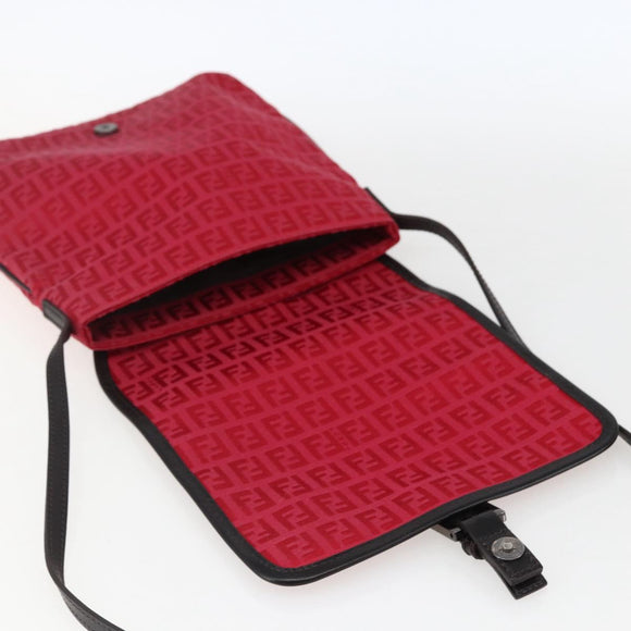 FENDI Zucchino Canvas Shoulder Bag Red Silver Auth 170824